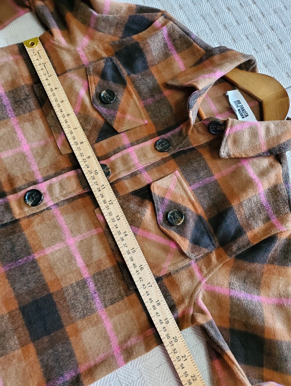 BB Dakota Steve Madden Cashew Plaid Shacket Flannel Boxy Shirt Jacket Brown Pink - Picture 8 of 12
